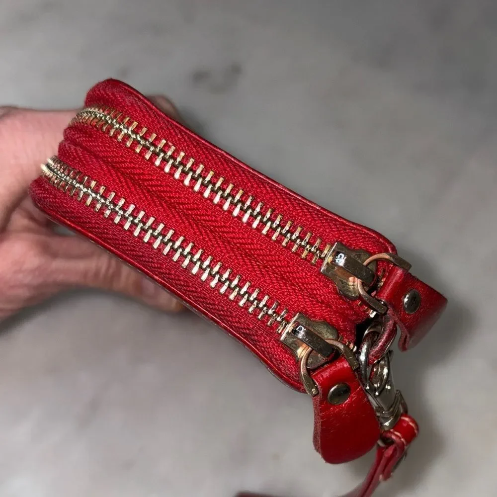 Borgasets Wallet Clutch Red Leather Double  Zip Around Wristlet